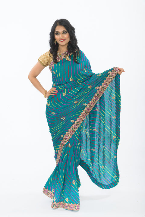 Electric Teal Bhandej Bandhani Print Sari