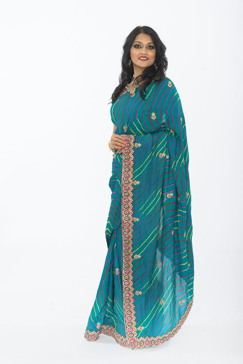 Electric Teal Bhandej Bandhani Print Sari