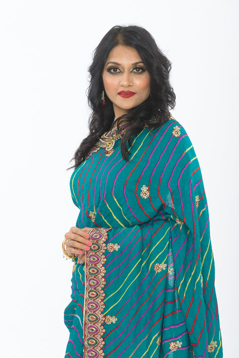 Electric Teal Bhandej Bandhani Print Sari