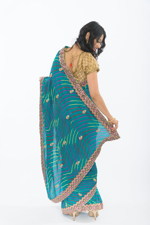 Electric Teal Bhandej Bandhani Print Sari