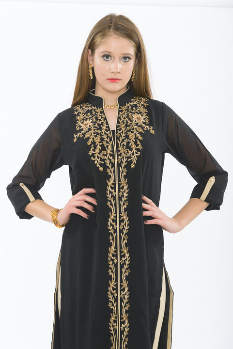 Smoke and Gold Long Kurti with Churidar - Close up