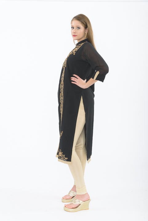 Smoke and Gold Long Kurti with Churidar - Side