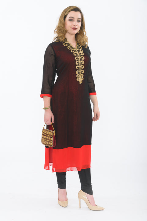 Black and Red Long Kurti - Side