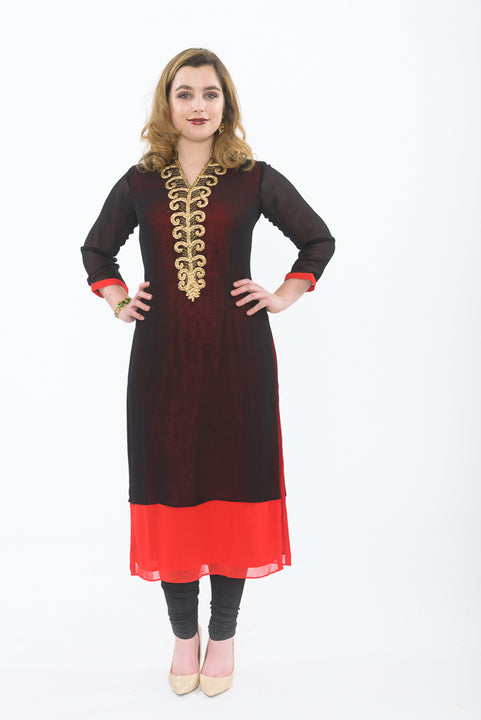 Black and Red Long Kurti - Front