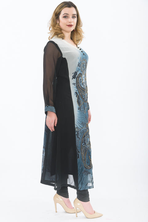 Ash and Light Blue Long Kurti with Leggings - Side