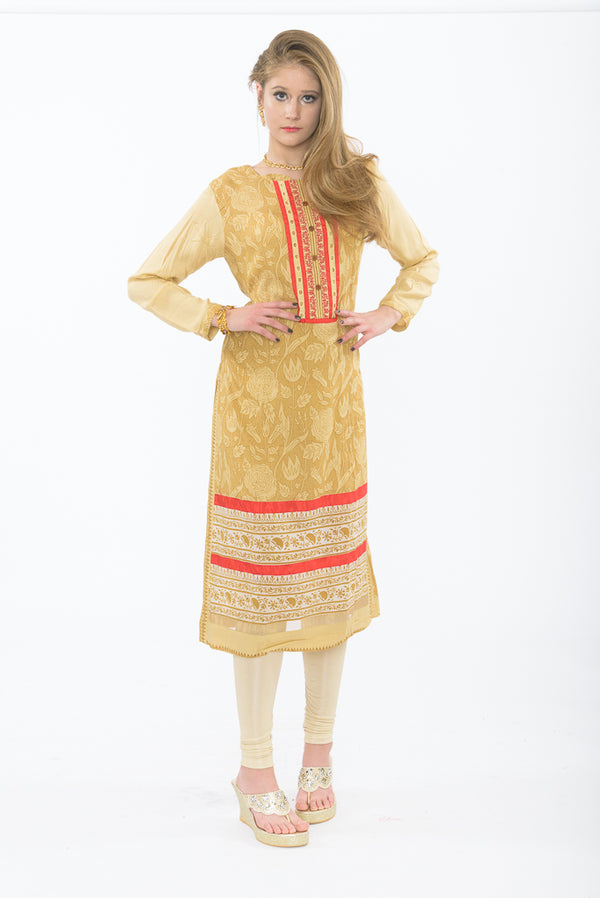 Classic Mustard & Red  Long Kurti