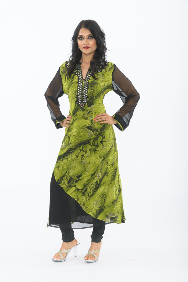 Modern Green and Black Long Kurti