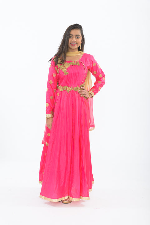 Electric Pink and Gold Anarkali Long Kurti - Front