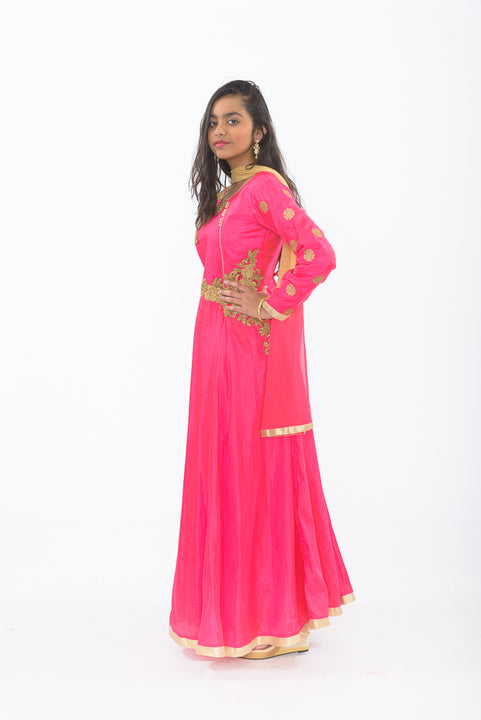 Electric Pink and Gold Anarkali Long Kurti - Side
