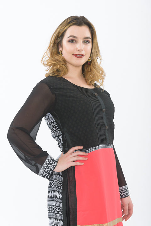 Black long kurti with churidar - close up