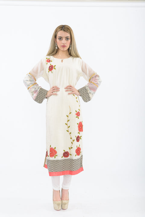 Off-white Floral Bloom Long Kurti with Churidar - Front