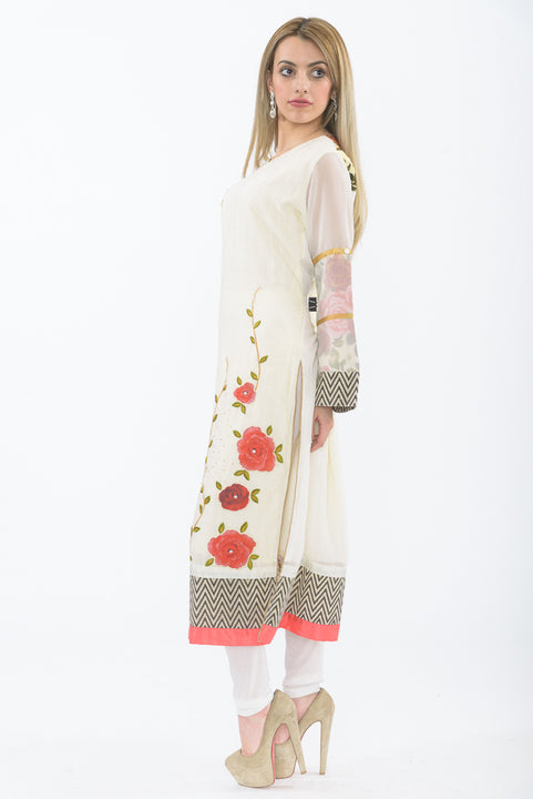 Off-white Floral Bloom Long Kurti - Side