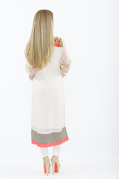 Off-white Floral Bloom Long Kurti - Back