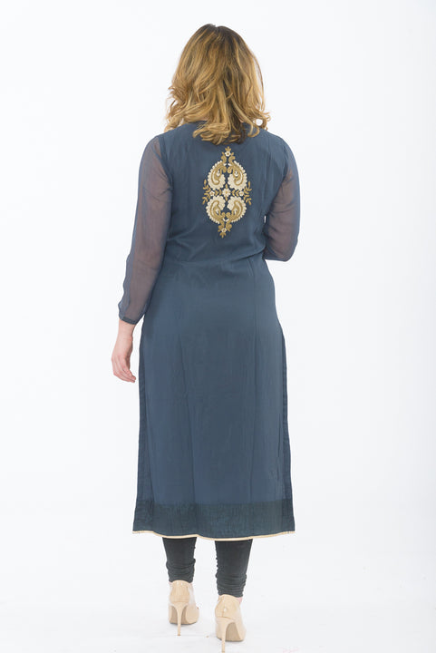 Dark Grey Designer Long Kurti - Back