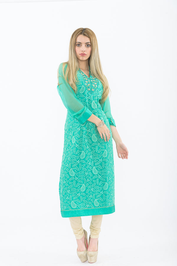 Endearing Paisley Teal Green Long Kurti with Churidar