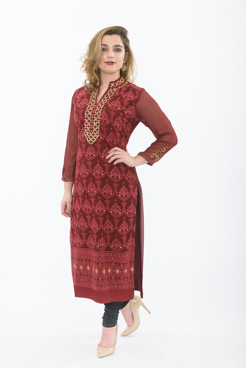 Deep Red Long Kurti with Leggings - Front