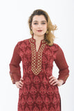 Deep Red Long Kurti with Leggings - Front Closeup