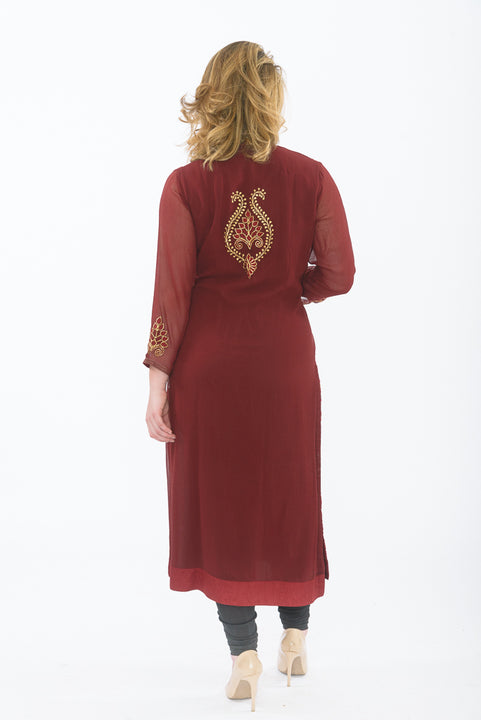 Deep Red Long Kurti with Leggings - Back