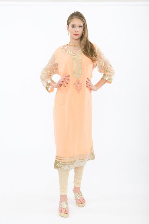 Light Peach and Gold Long Kurti - Front