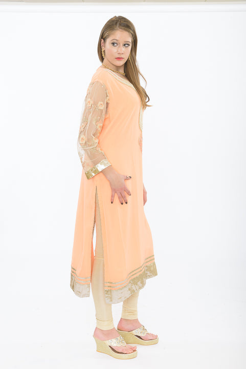 Light Peach and Gold Long Kurti - Side