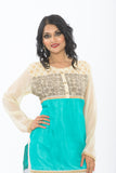 Off White and Turquoise Long Kurti - Close up