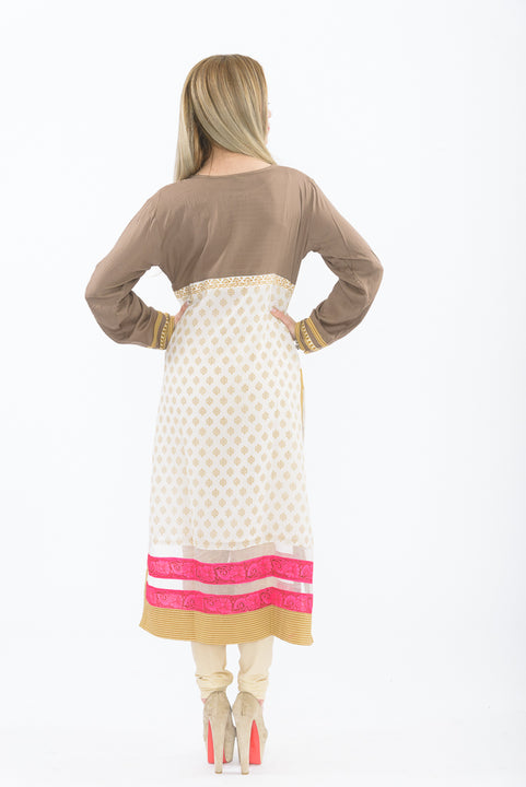 Light Brown and Off White Long Kurti - Back