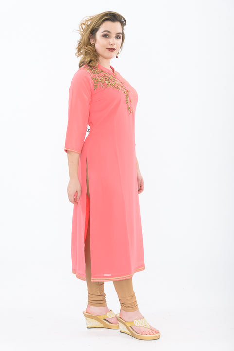 Peach & Gold Long Kurti with Leggings - Front