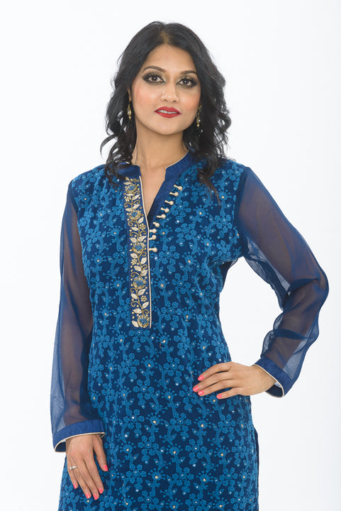 Midnight Blue Floral Long Kurti with Churidhar - Close up