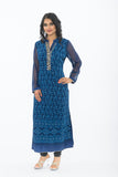 Midnight Blue Floral Long Kurti with Churidhar - Front