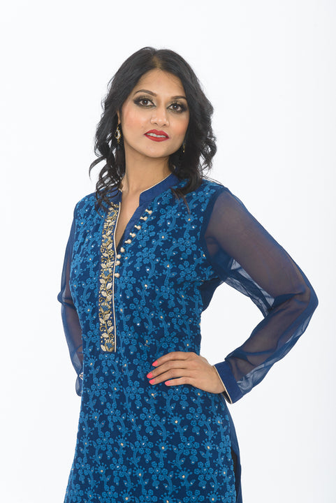 Midnight Blue Floral Long Kurti with Churidhar - Close up Side