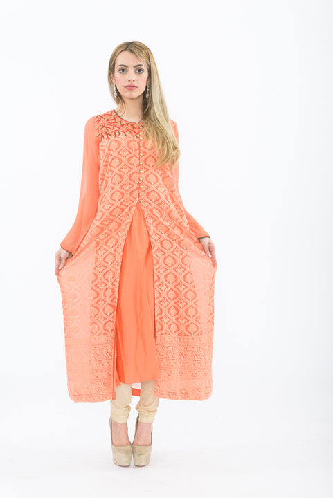 Peach Long Kurti with Churidhar- Front