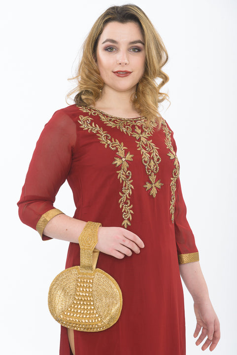 Gold and Maroon long kurti with gold leggings - close up