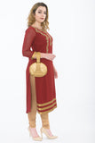 Traditional Indian Maroon long kurti with gold leggings -side 