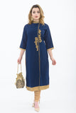 Blue Long Kurti with Gold Leggings - Front