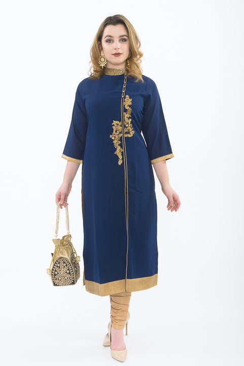 Blue Long Kurti with Gold Leggings - Front
