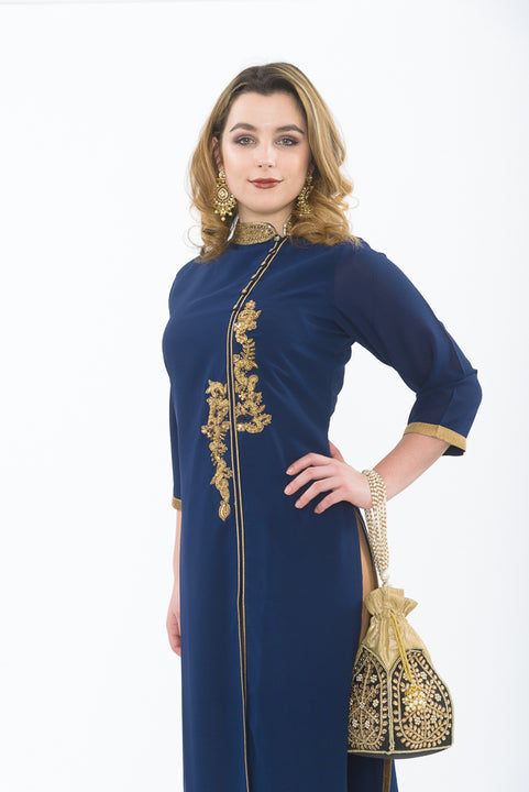 Cobalt Blue Long Kurti - Side Close up