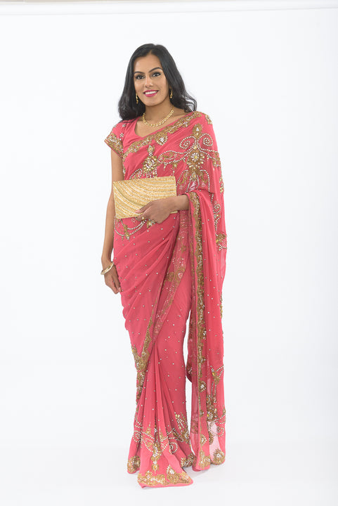 Stunning Soft Coral with Heavy Diamond Work Sari S402