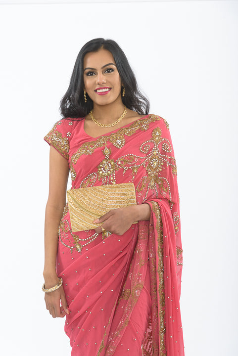 Stunning Soft Coral with Heavy Diamond Work Sari S402