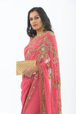 Stunning Soft Coral with Heavy Diamond Work Sari S402