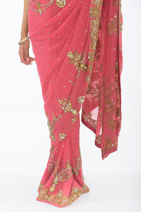 Stunning Soft Coral with Heavy Diamond Work Sari S402