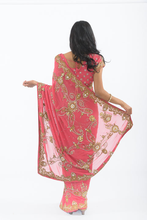 Stunning Soft Coral with Heavy Diamond Work Sari S402