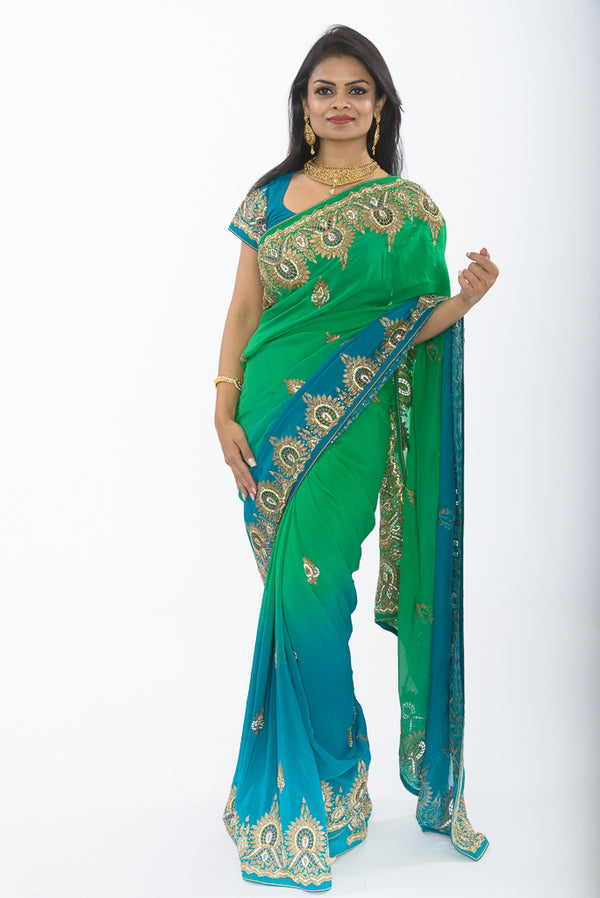 Divine Sage and Teal Ombre Pre Pleated Sari