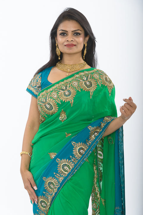 Divine Sage and Teal Ombre Pre Pleated Sari