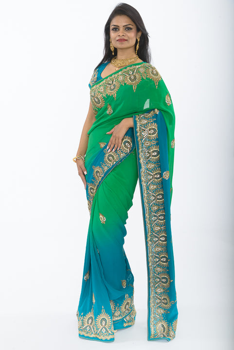 Divine Sage and Teal Ombre Pre Pleated Sari