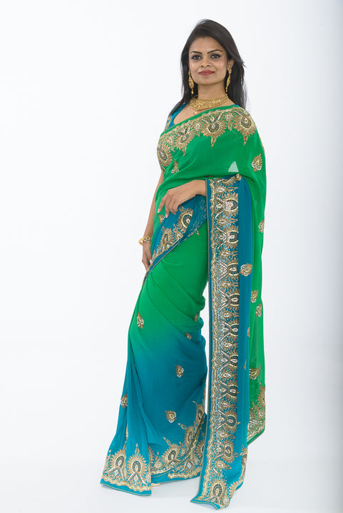 Divine Sage and Teal Ombre Pre Pleated Sari