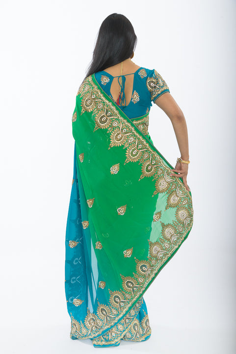 Divine Sage and Teal Ombre Pre Pleated Sari