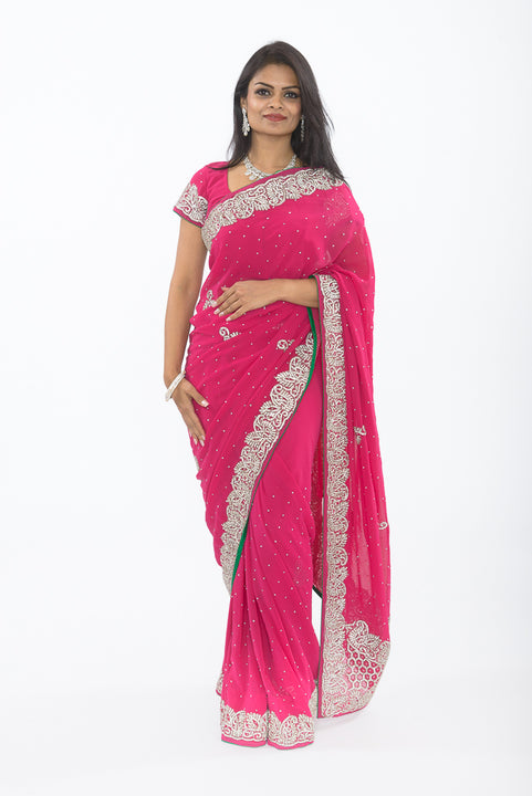 Opulent Raspberry with Diamond Border Sari S405