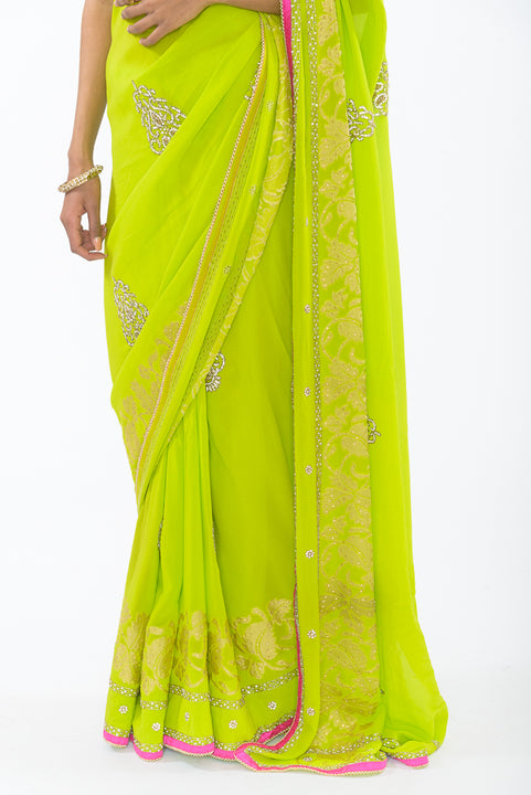 Liril Lime with Diamond Embroidery Party-wear Sari