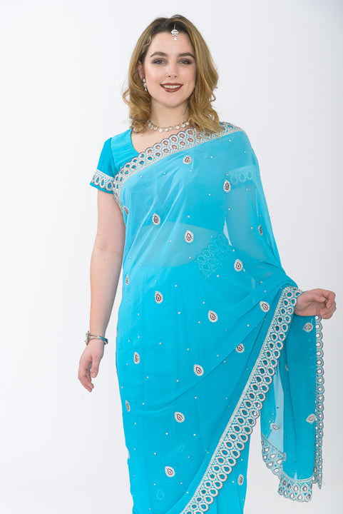 Breezy Blue Ready-Made Pre Pleated Sari