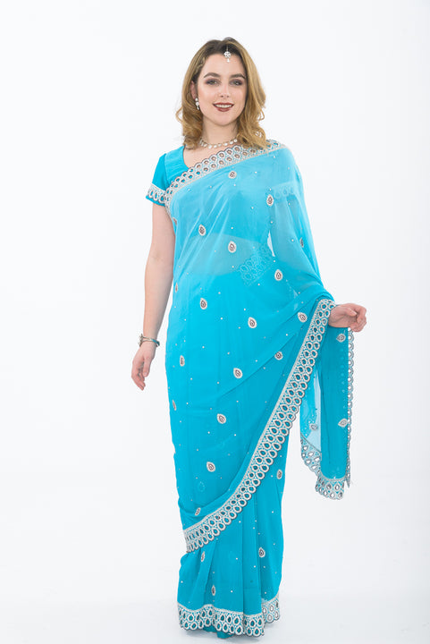 Breezy Blue Ready-Made Pre Pleated Sari